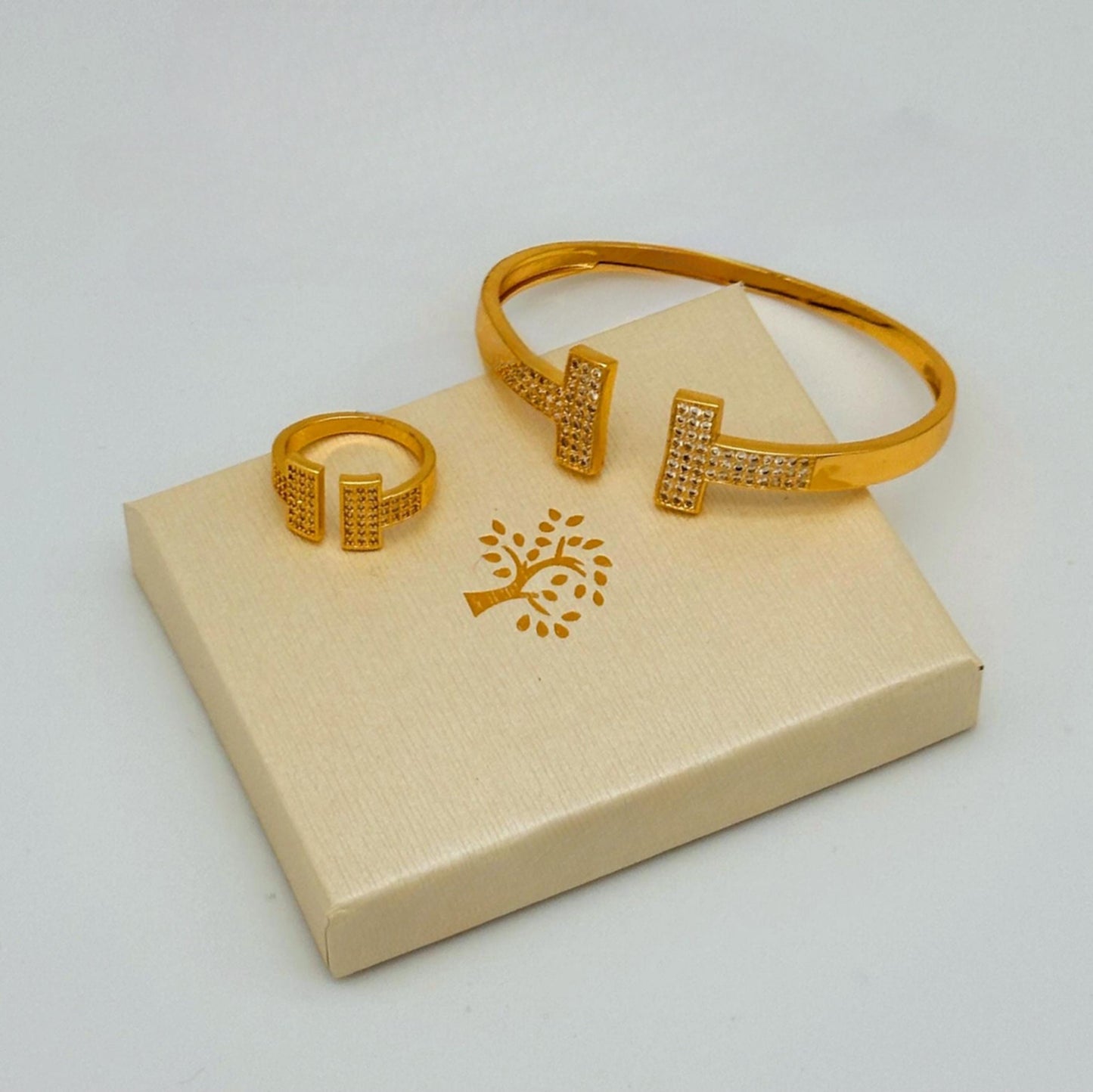 Gold-Plated Open Cuff Bracelet & Adjustable Ring Set – Pave Stone Jewelry for Women