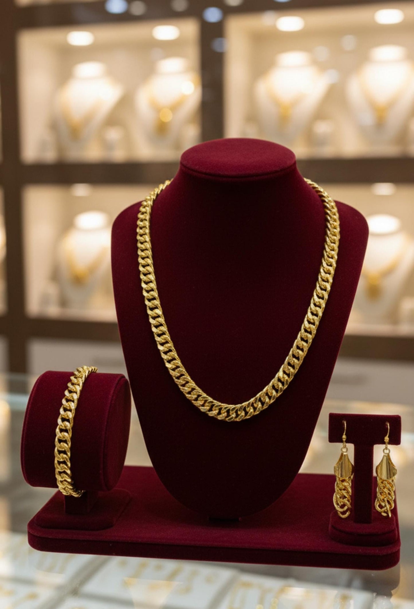 Gold Plated Cuban Chain Jewelry Set Necklace Bracelet Earrings Minimal Luxury