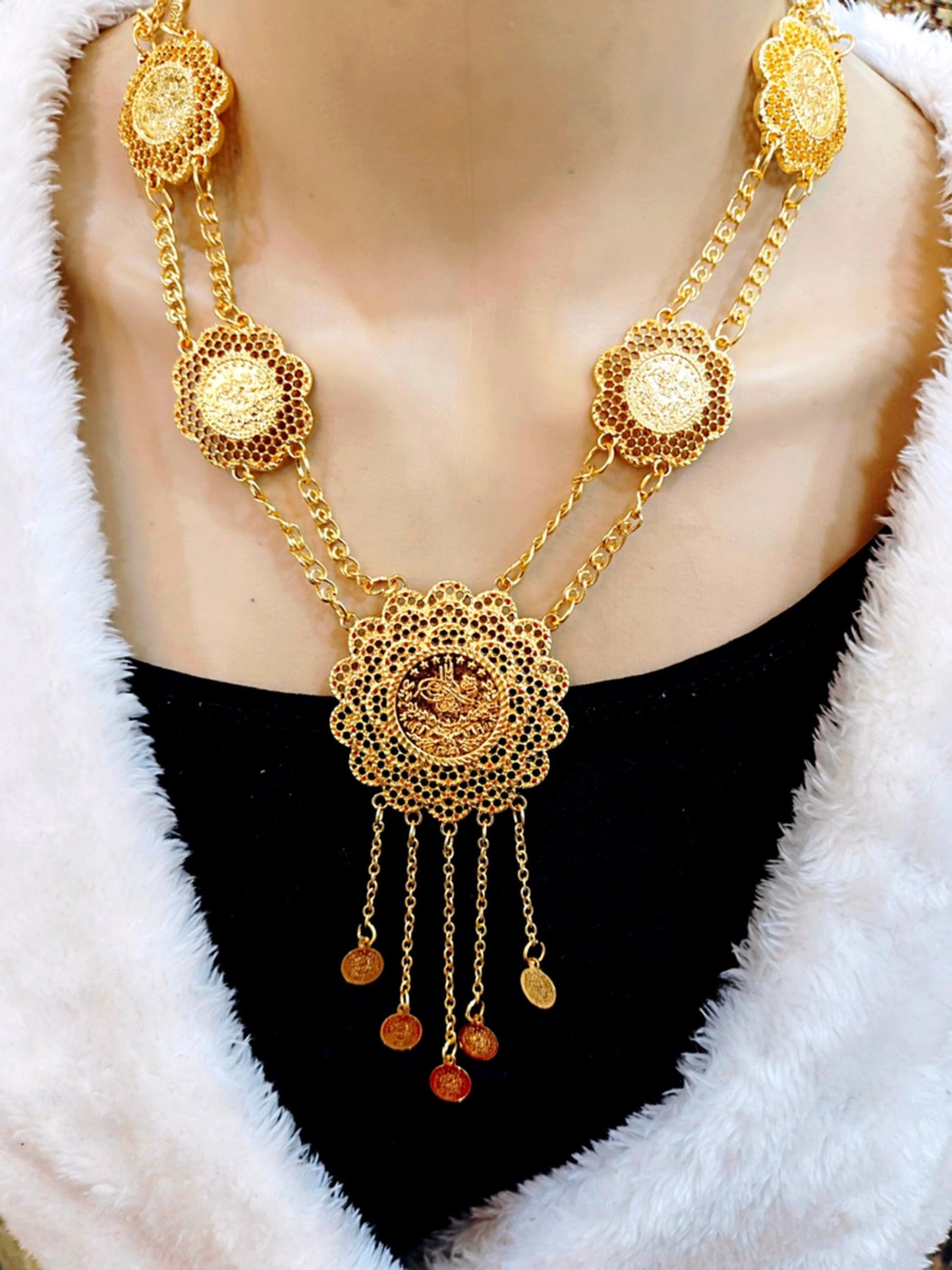 Luxury Gold Plated Ottoman Coin Statement Necklace