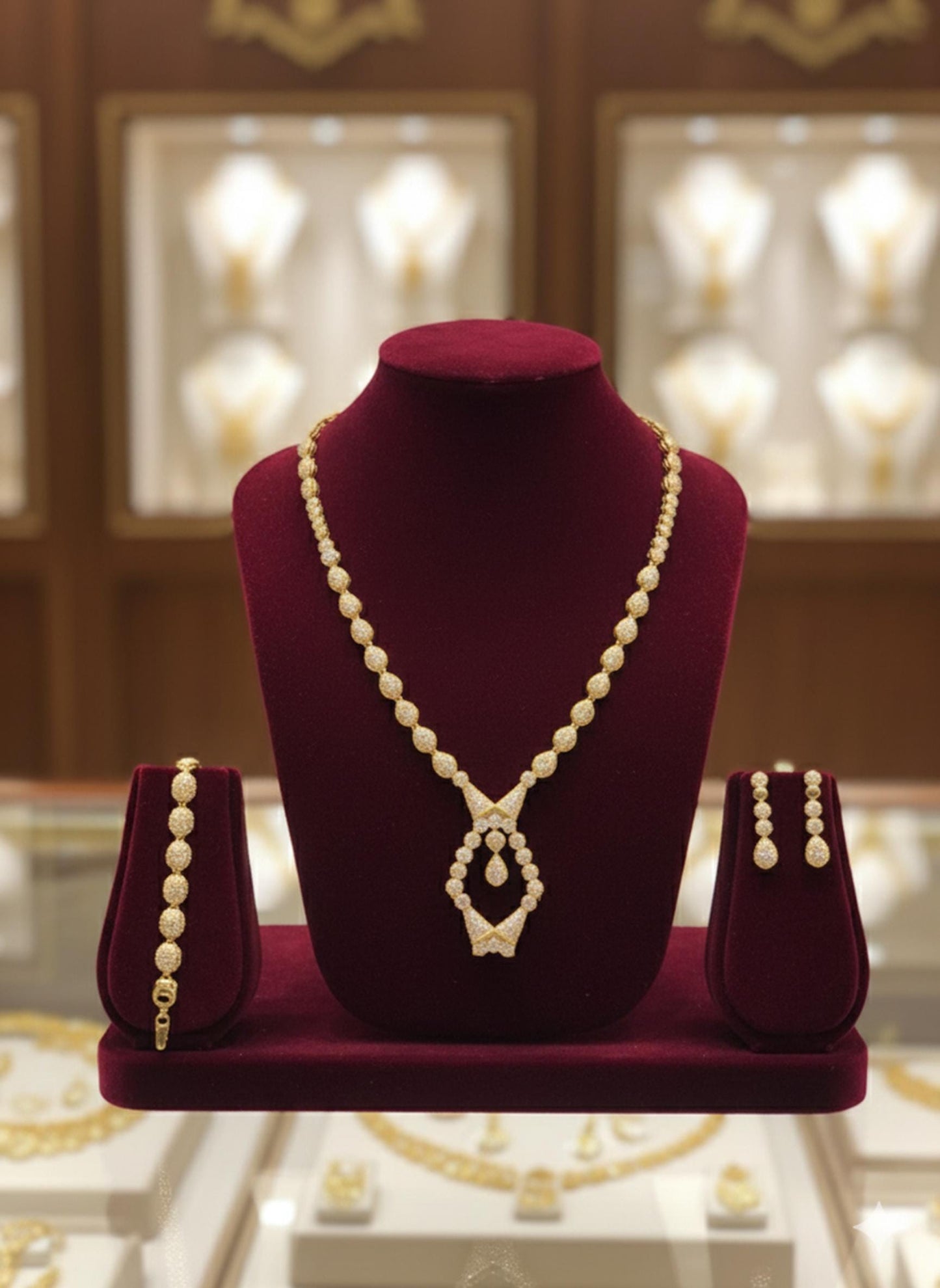 Gold Plated Bridal Jewelry Set Luxury Necklace Earrings Bracelet Ring Elegant