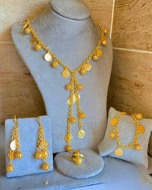 Gold-Plated Ottoman Coin Jewelry Set – 4-Piece Necklace, Earrings, Bracelet & Ring, Turkish Style