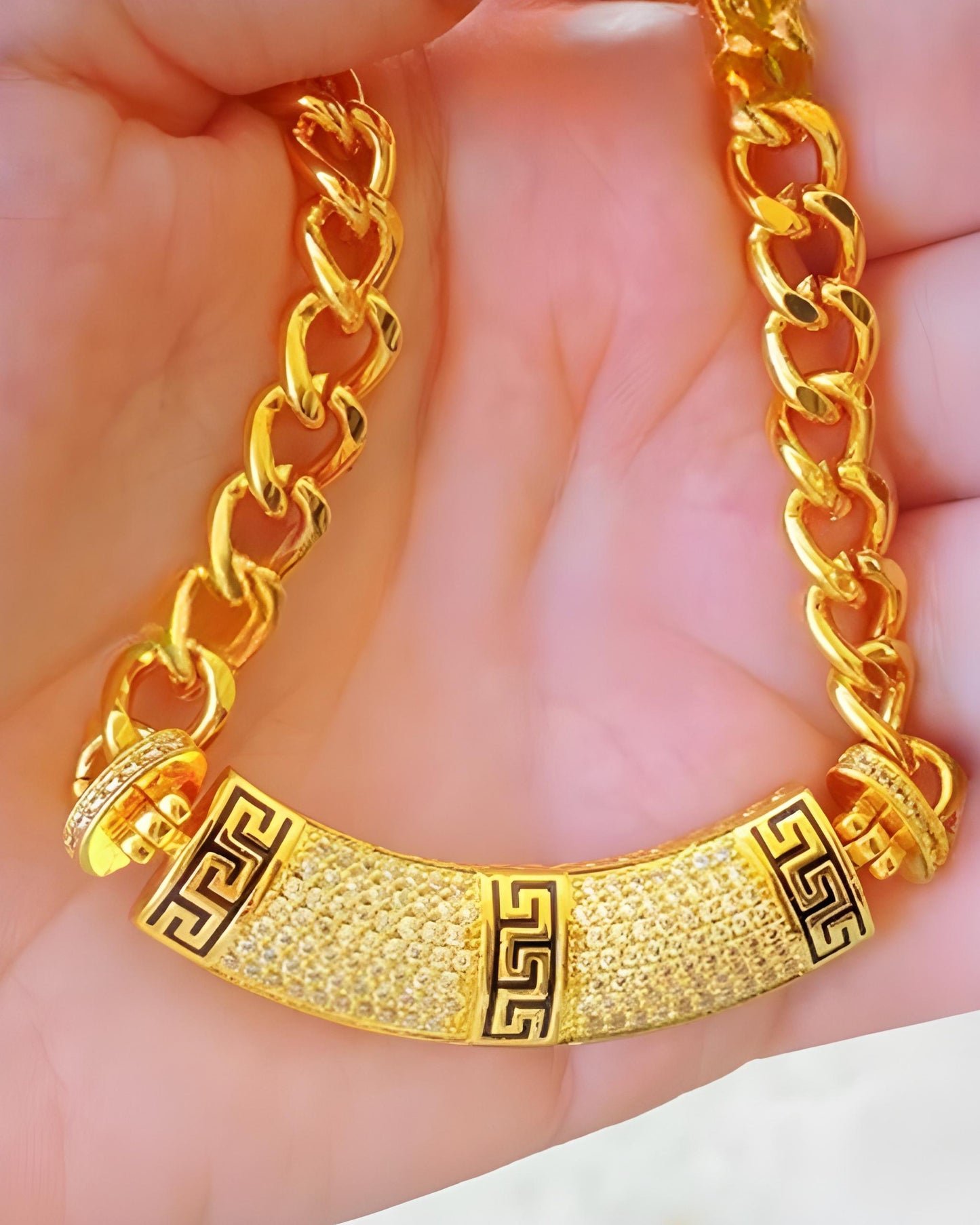 Gold-Plated Greek Key Jewelry Set: Pave Crystal Necklace, Bracelet, Earrings & Ring