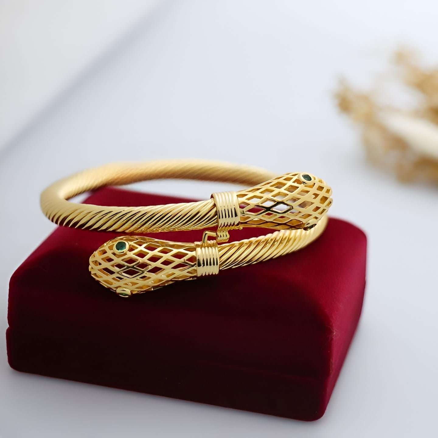 Gold-Plated Snake Bangle – Serpent Cuff Bracelet with Gemstone Eyes