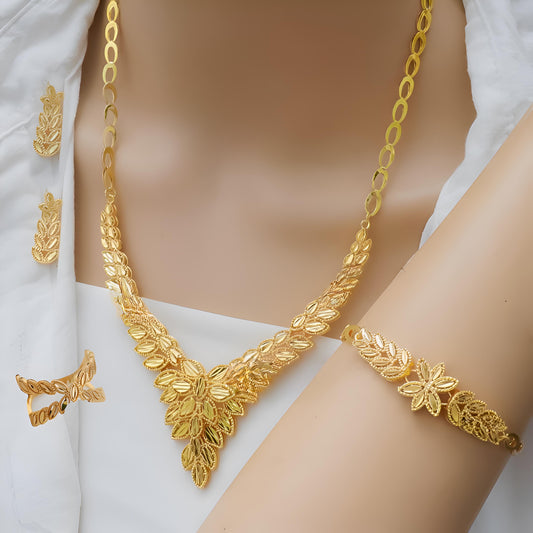 Gold-Plated Floral Leaf Jewelry Set | Elegant Women's Necklace, Bracelet, Earrings & Ring | Lightweight Bridal Jewelry