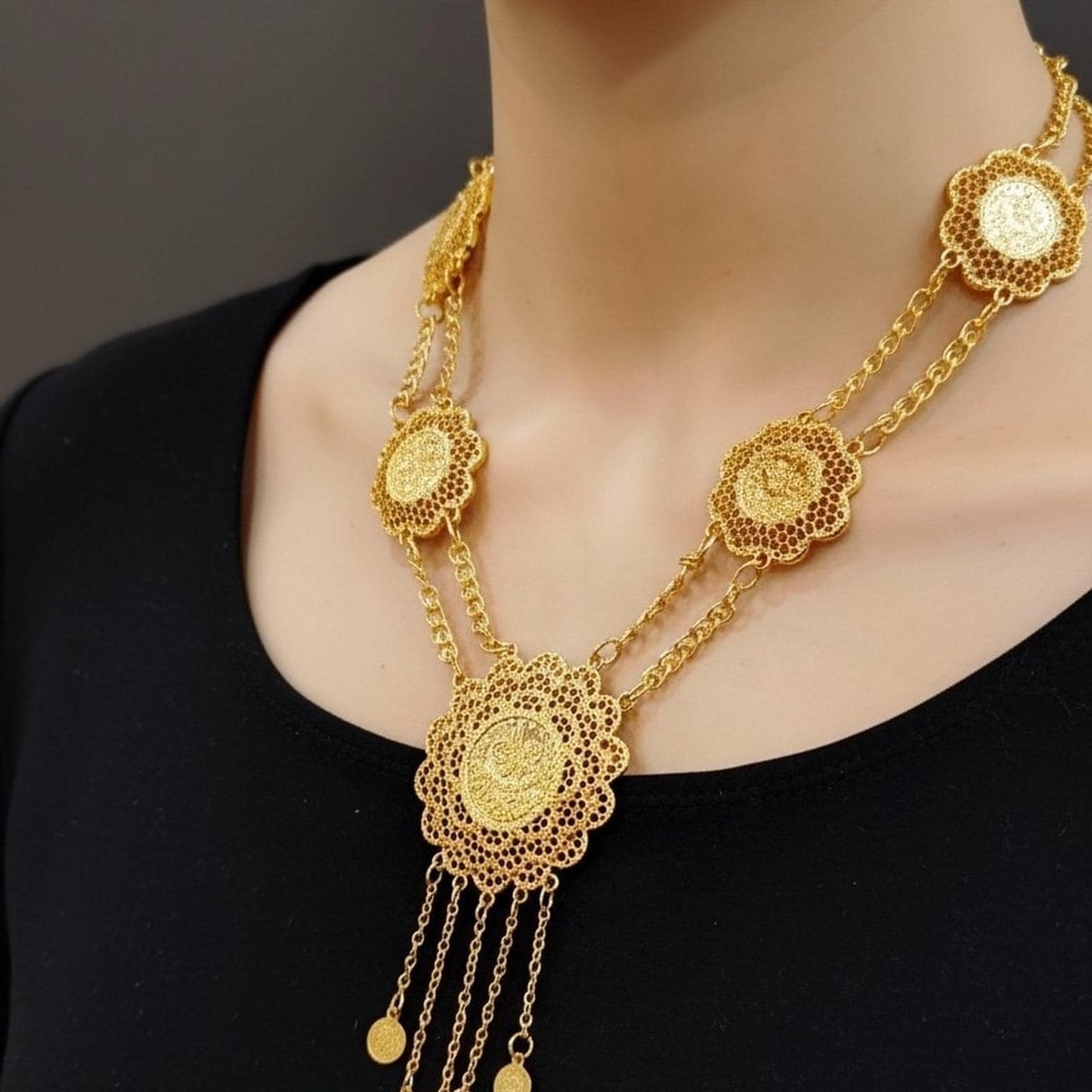 Luxury Gold Plated Ottoman Coin Statement Necklace