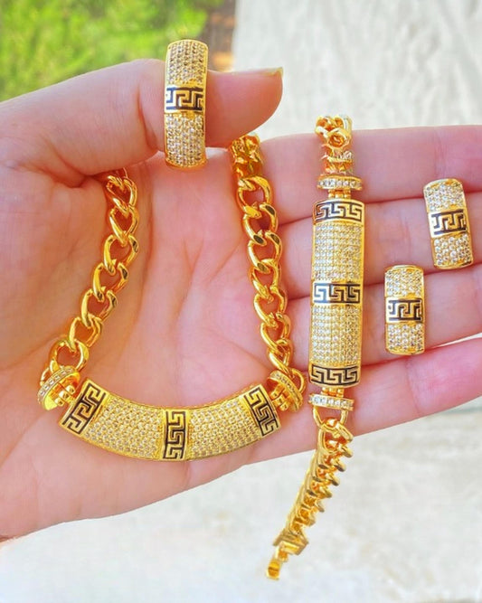 Gold-Plated Greek Key Jewelry Set: Pave Crystal Necklace, Bracelet, Earrings & Ring