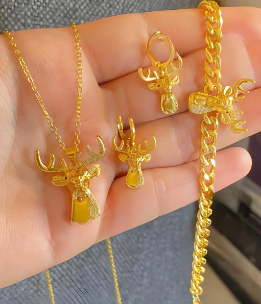 Gold-Plated Deer Jewelry Set – Animal Inspired Necklace, Earrings & Bracelet with CZ Stones
