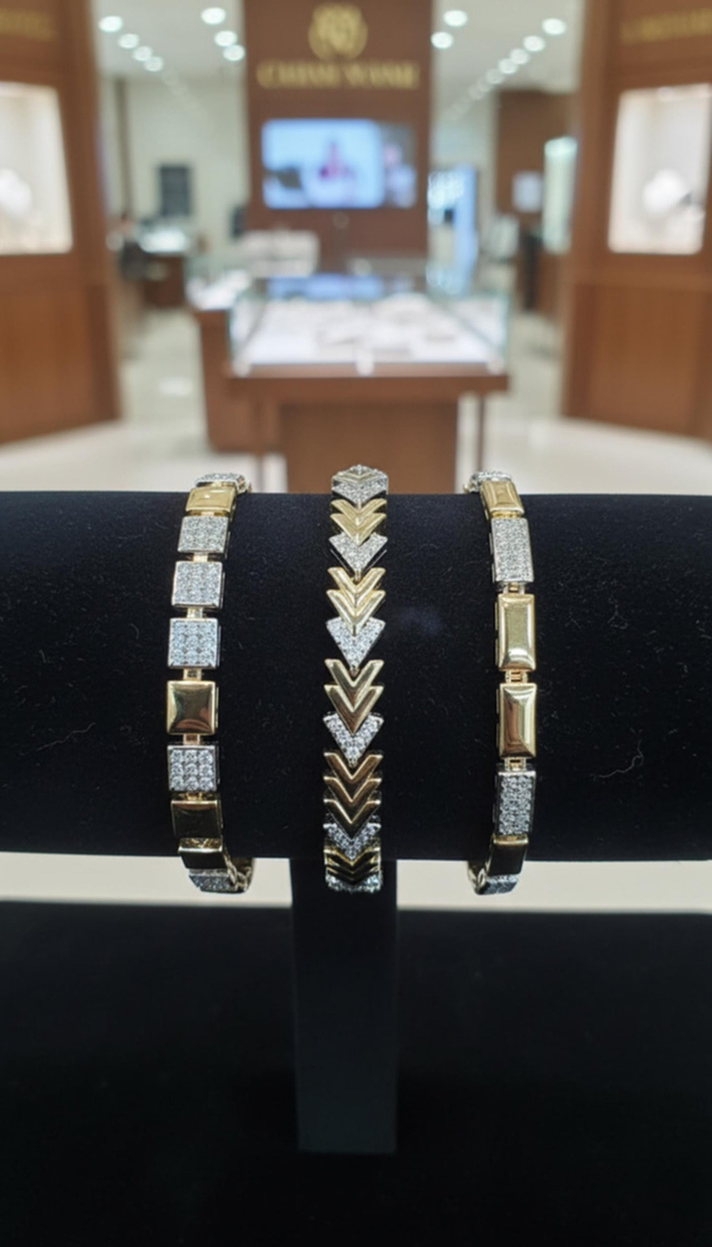 Elegant Two-Tone Chevron & Geometric Bracelet Set • Chic Sparkly Crystal Wristwear