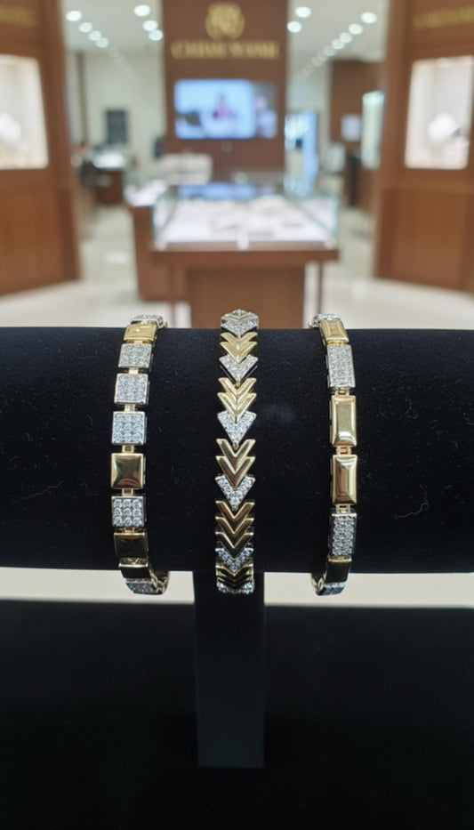 Elegant Two-Tone Chevron & Geometric Bracelet Set • Chic Sparkly Crystal Wristwear