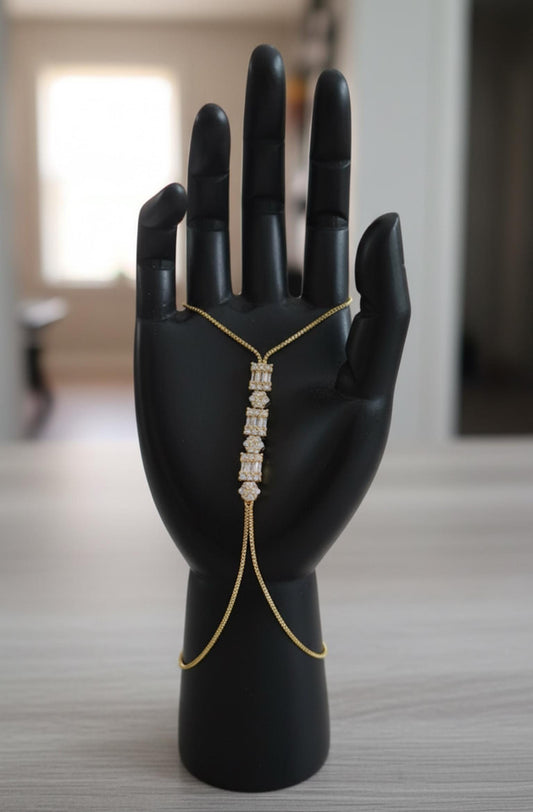 Elegant Baguette Crystal Gold Hand Harness • Sparkling Slave Bracelet Ring