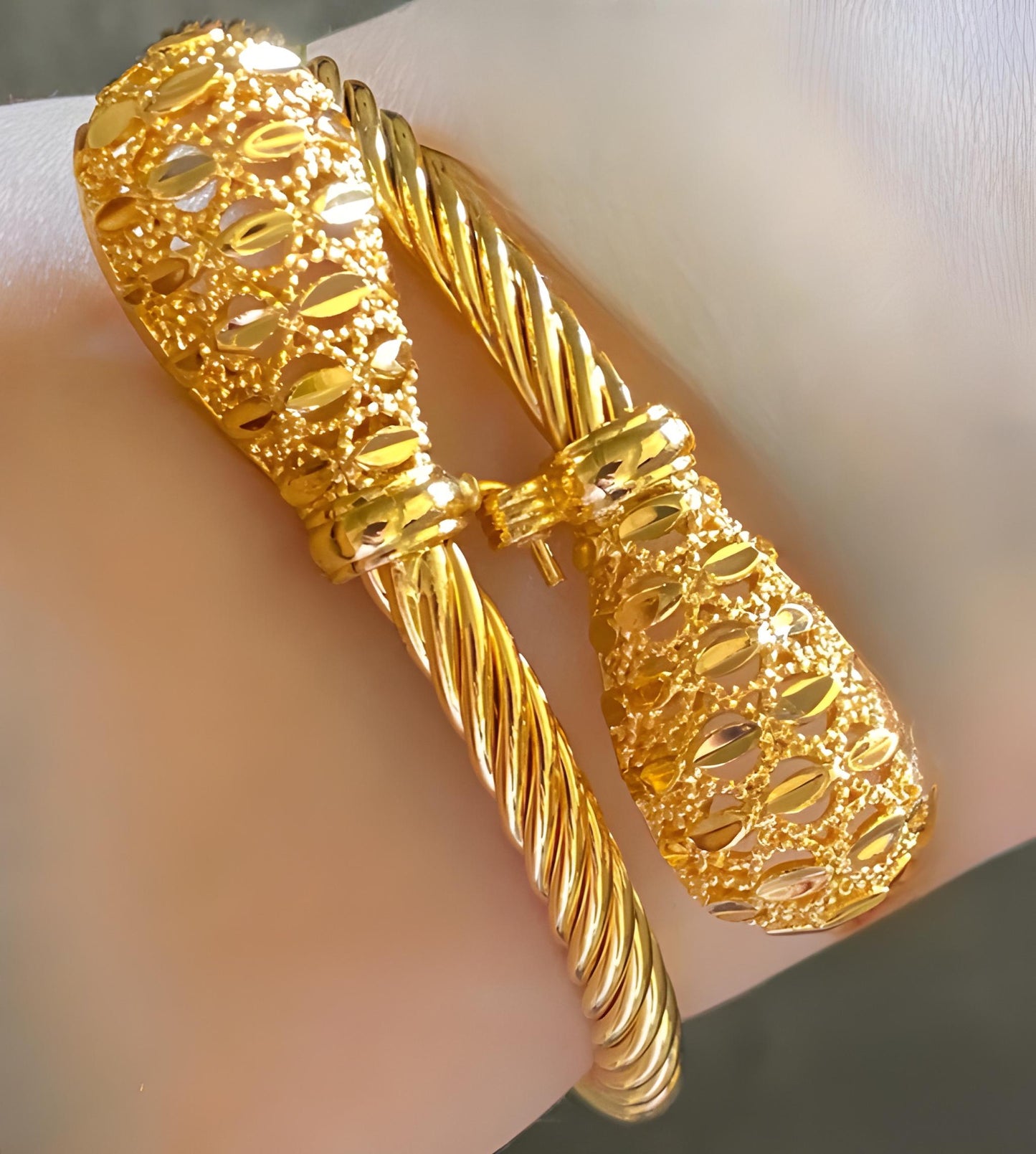 Gold-Plated Filigree Cable Bracelet Set – 2-Piece Adjustable Statement Cuffs for Women
