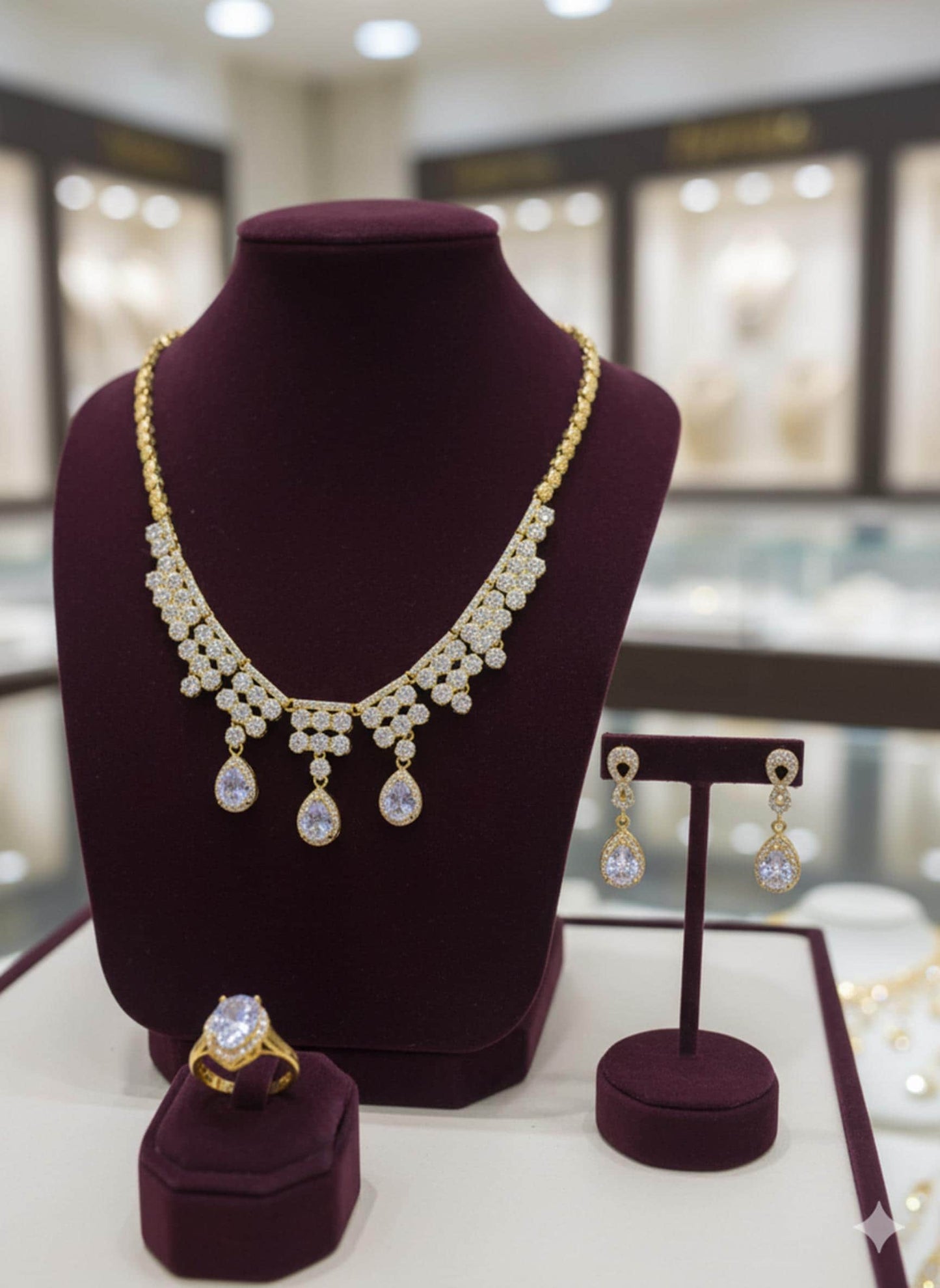 Gold Plated Bridal Jewelry Set Pear Drop Necklace Earrings Ring Luxury