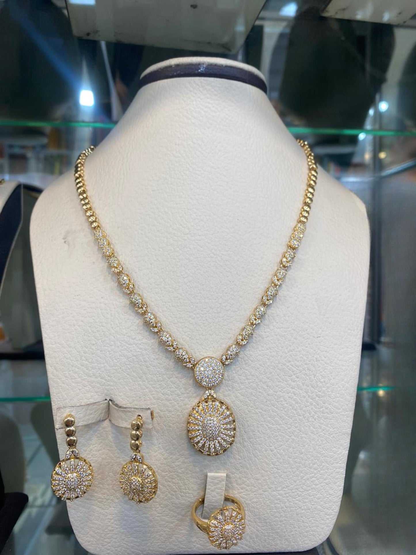 Gold Plated Sunburst Jewelry Set Luxury Necklace Earrings Ring Elegant