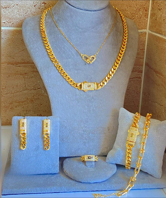 Gold Plated Jewelry Set: Monaco Necklace, Bracelet, Earrings & Ring
