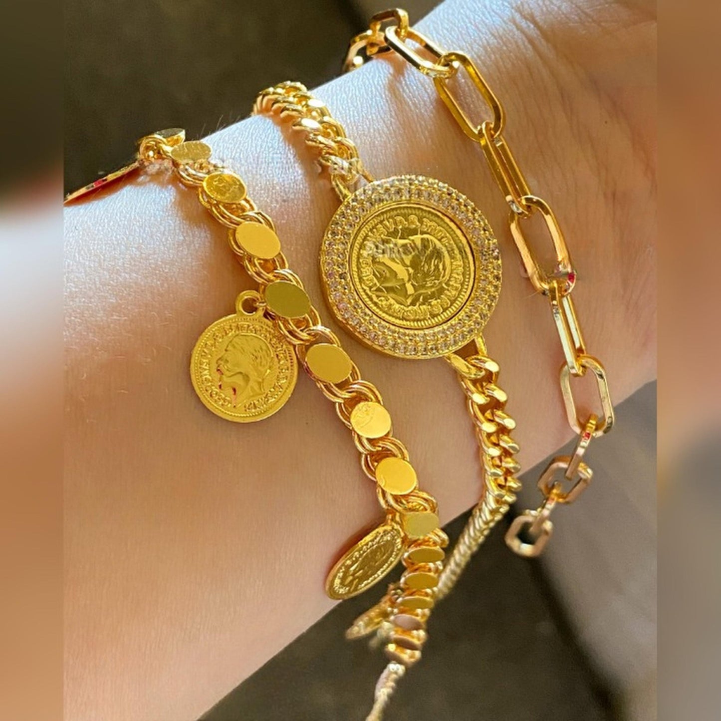 Gold-Plated Ottoman Coin Bracelet Set: Turkish Style Jewelry