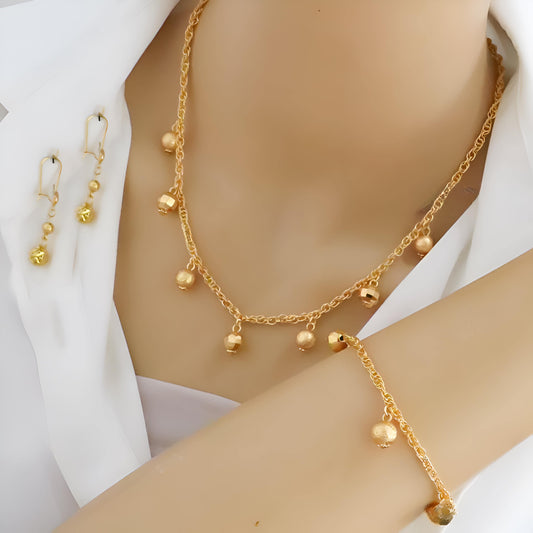 Elegant Gold Plated Beaded Jewelry Set | Bridal Necklace, Bracelet & Earrings | Dangling Charm Fashion Accessories