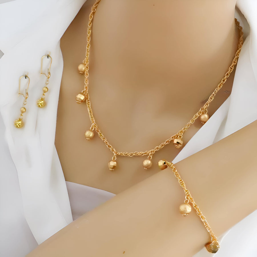 Elegant Gold Plated Beaded Jewelry Set | Bridal Necklace, Bracelet & Earrings | Dangling Charm Fashion Accessories