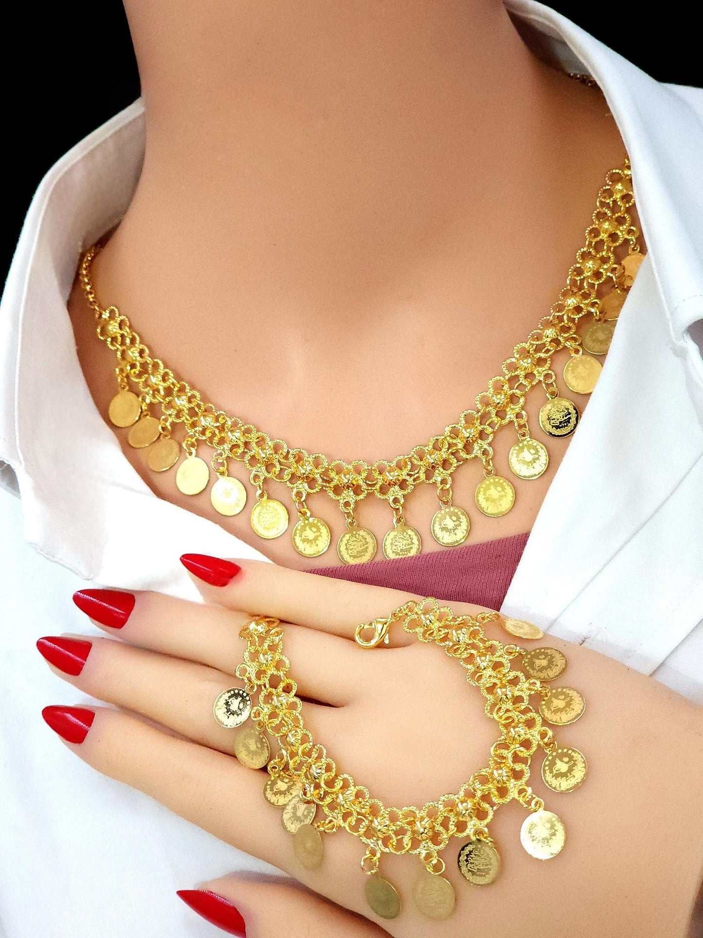 Royal Gold Plated Coin Fringe Jewelry Set