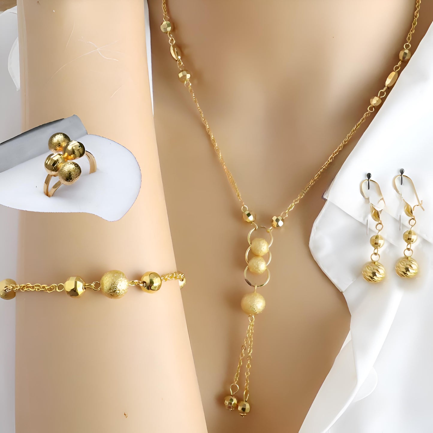 Gold-Plated Beaded Jewelry Set – Necklace, Bracelet, Earrings & Ring