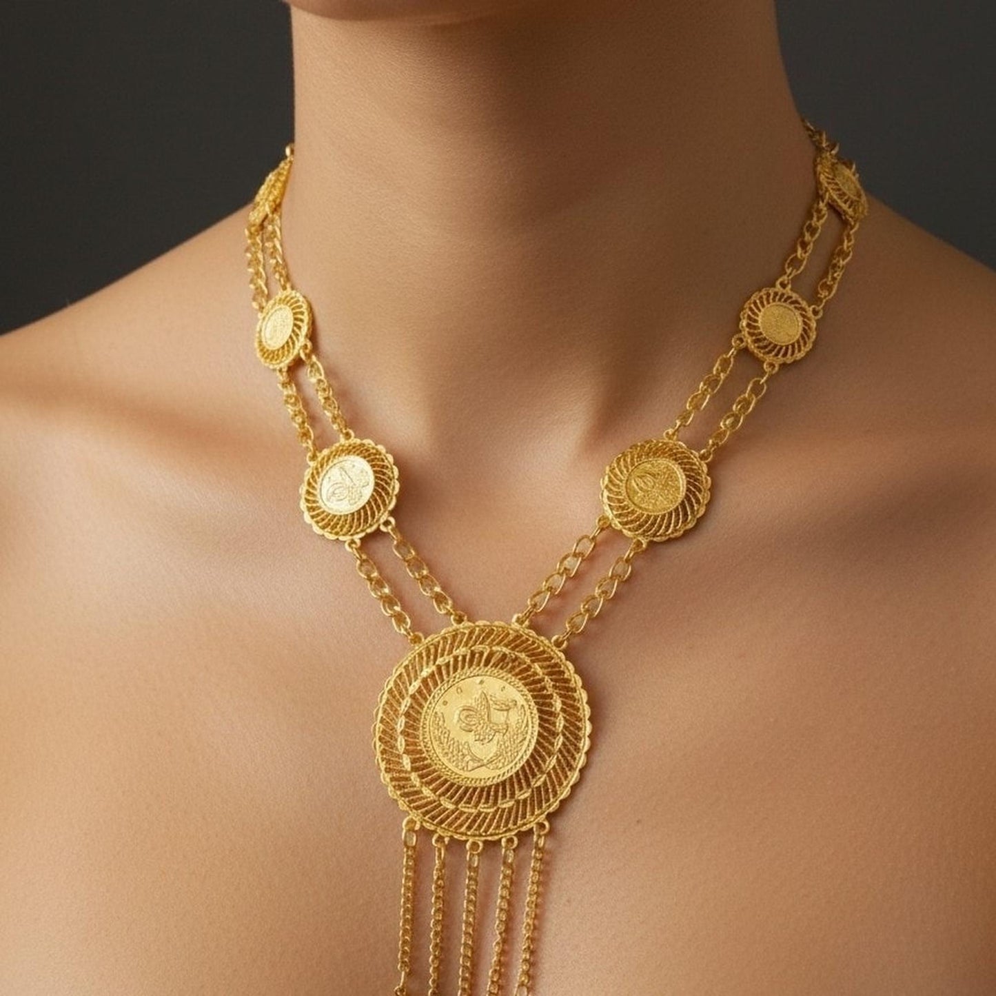 Luxury Gold Plated Ottoman Coin Statement Necklace