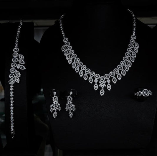 Luxury Silver Plated Geometric Hexagon Jewelry Set • Crystal Honeycomb • 4Pcs