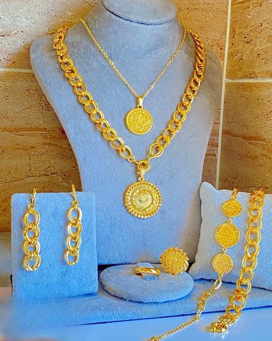 Gold-Plated Venetian Jewelry Set – 7-Piece Coin Necklace, Bracelet, Earrings & Rings