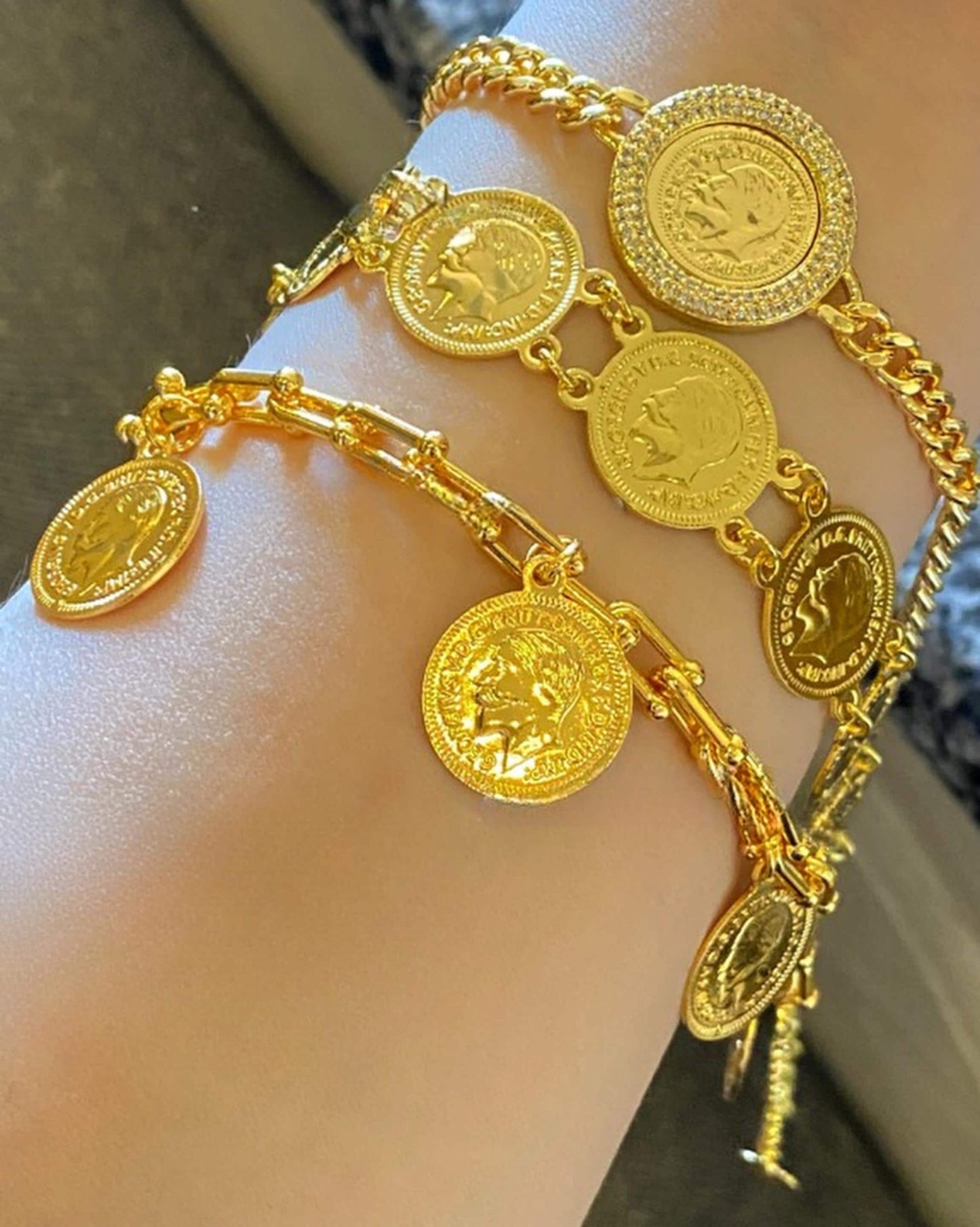 Gold-Plated Ottoman Coin Bracelet Set: Vintage Style, Adjustable Fit