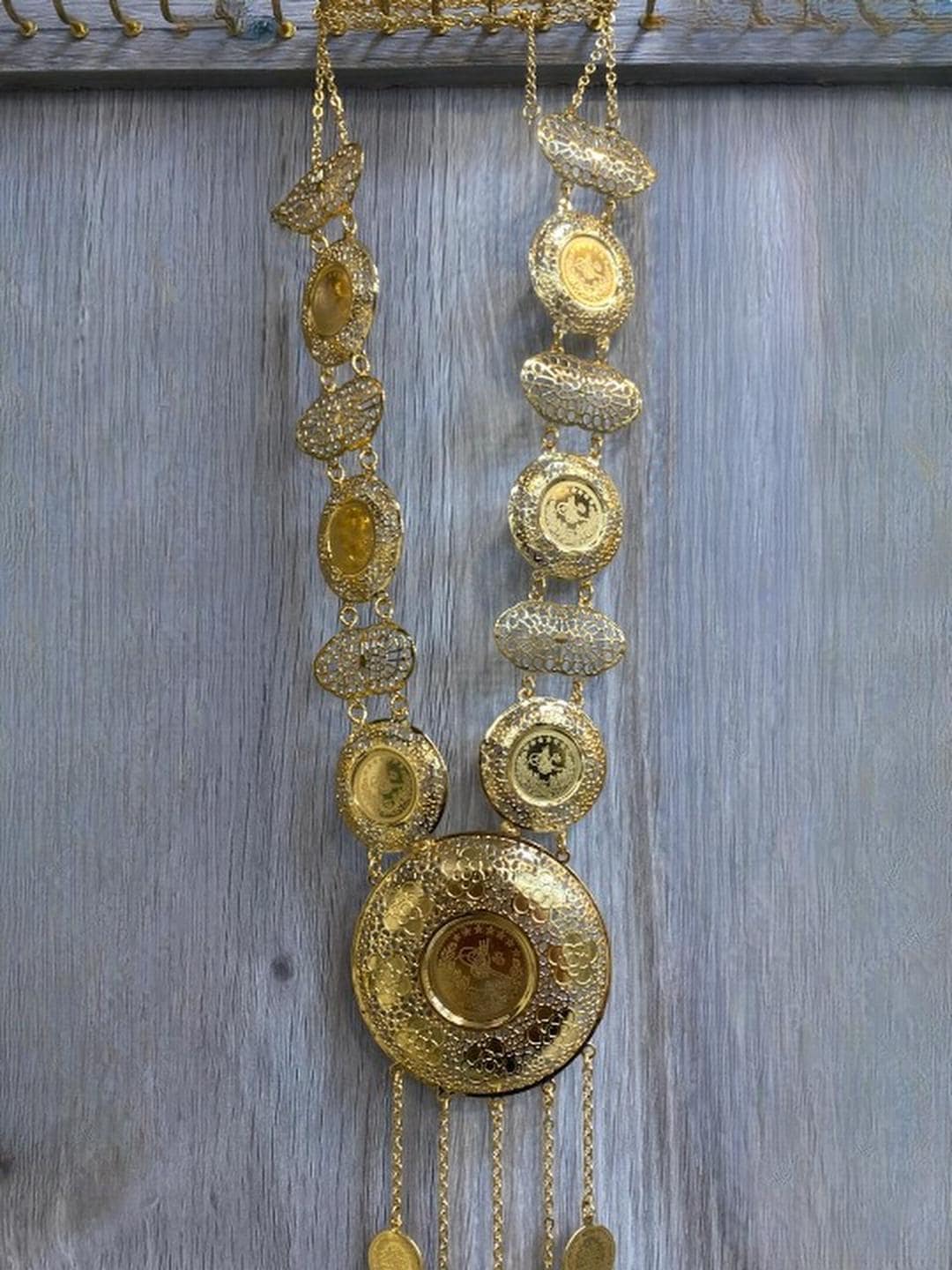 Gold Plated Ottoman Coin Statement Necklace Vintage Filigree Jewelry