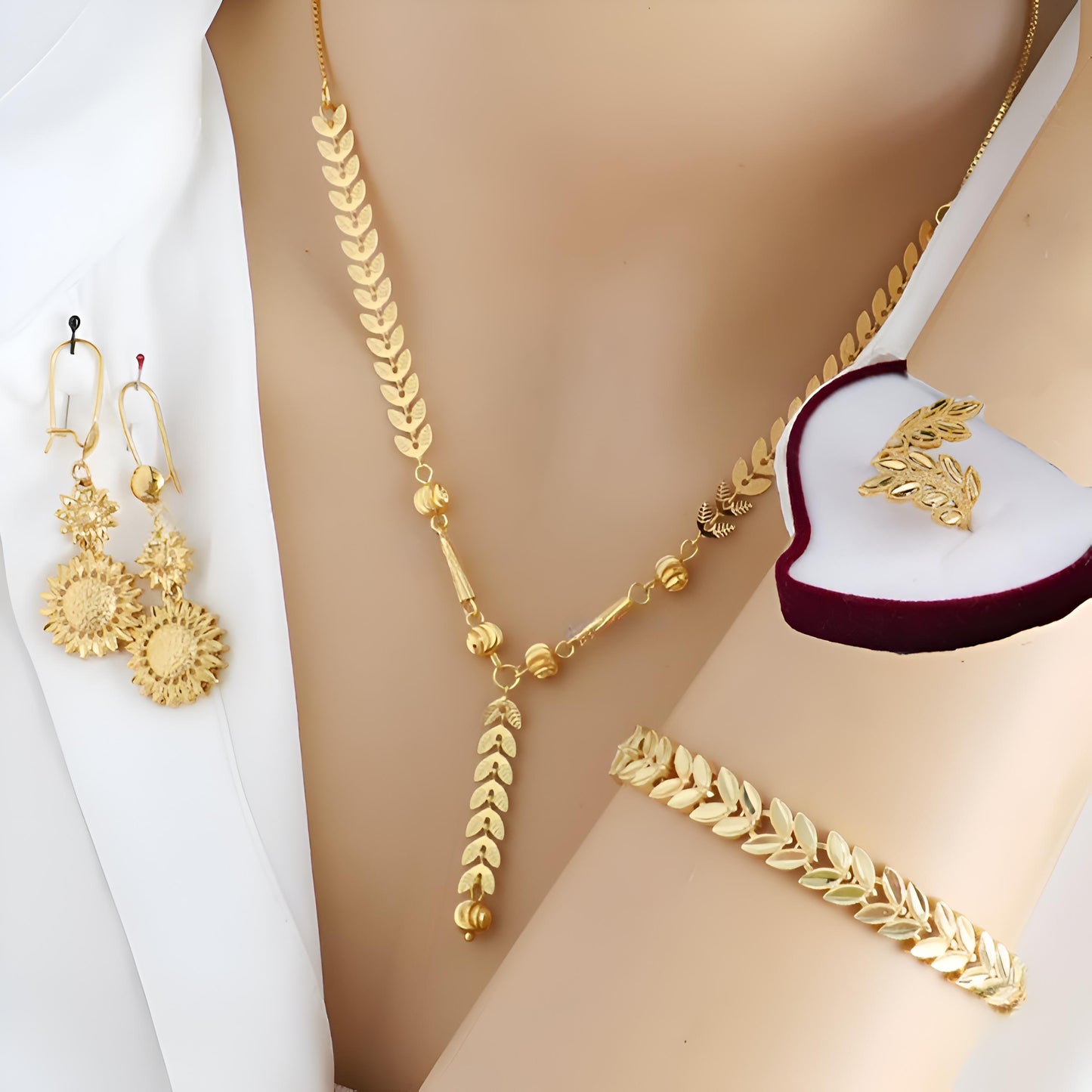 Gold-Plated Leaf Jewelry Set – 4-Piece Necklace, Bracelet, Earrings & Ring