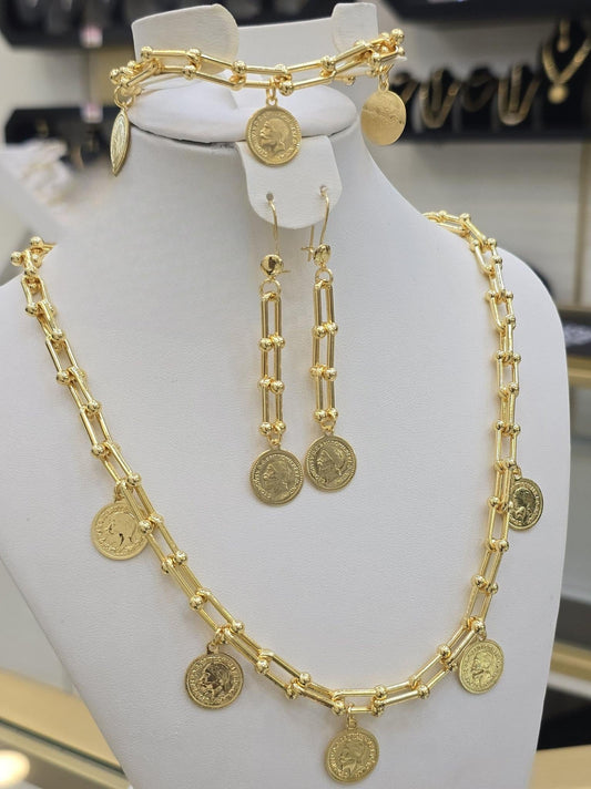 Gold Plated Coin Jewelry Set Chain Necklace Bracelet Earrings