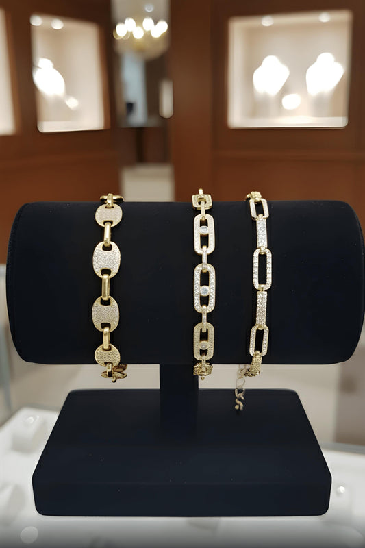 Elegant Gold Plated Link Bracelet Set • Modern Coffee Bean & Crystal Design