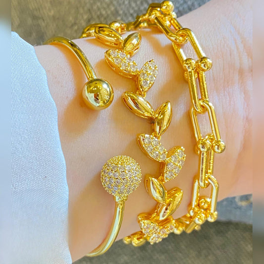 Gold Plated Bracelet Set: Crystal Bangle, Leaf Bracelet, Link Chain