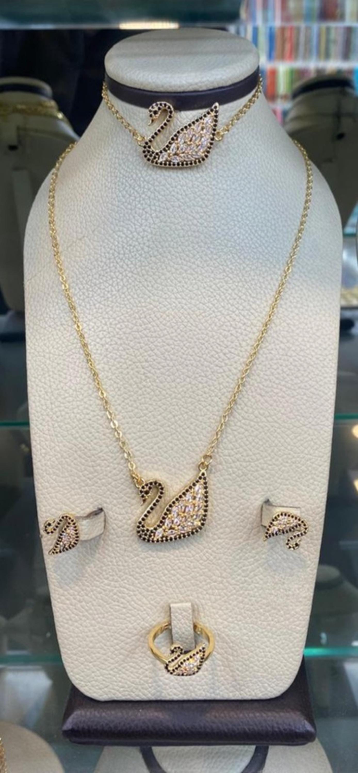 Gold Plated Swan Jewelry Set Crystal Necklace Earrings Ring Elegant Gift