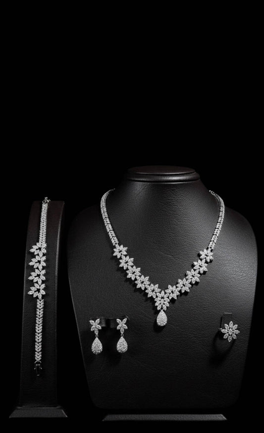 Luxury Silver Floral Jewelry Set Bridal Wedding Elegant Gift