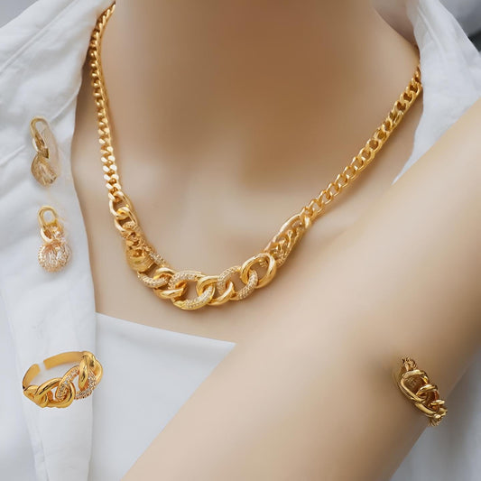Gold-Plated Chain Link Jewelry Set – Necklace, Bracelet, Earrings & Ring