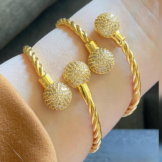 Gold-Plated Crystal Ball Cable Bracelet Set – 2-Piece Sparkling Twisted Bangles
