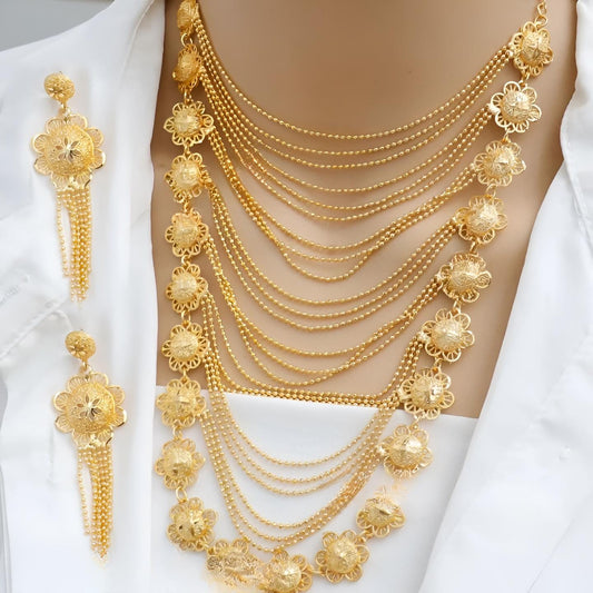Gold-Plated Bridal Jewelry Set – Floral Necklace & Statement Earrings