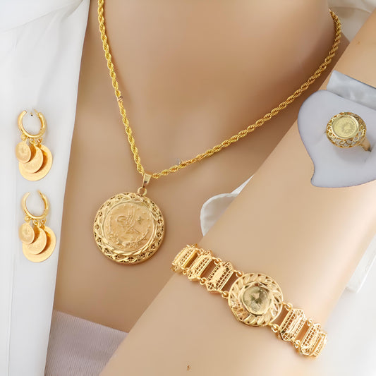 Gold-Plated Ottoman Coin Jewelry Set – Necklace, Bracelet, Earrings & Ring