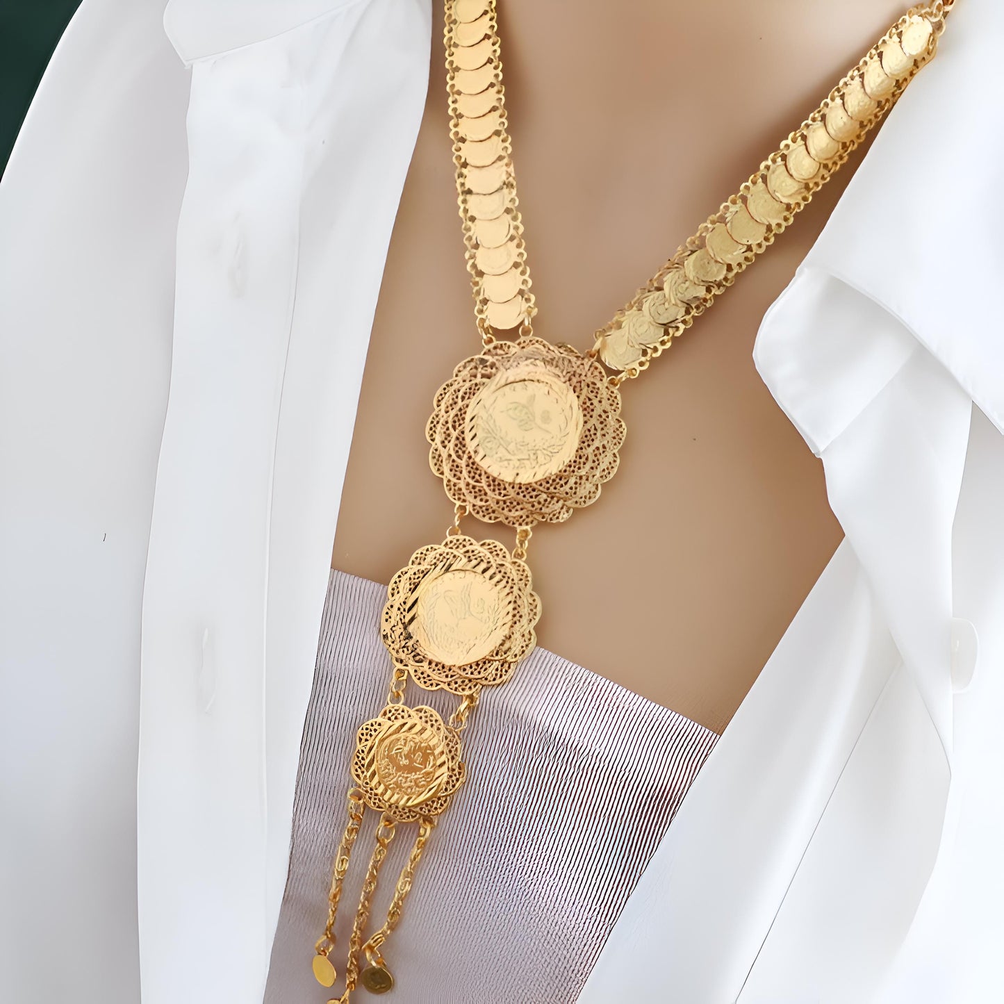Gold-Plated Ottoman Coin Necklace – Arabic Calligraphy Pendant, Turkish Style