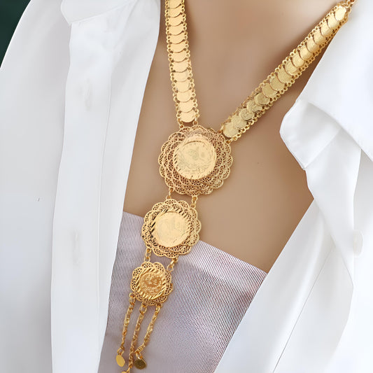 Gold-Plated Ottoman Coin Necklace – Arabic Calligraphy Pendant, Turkish Style