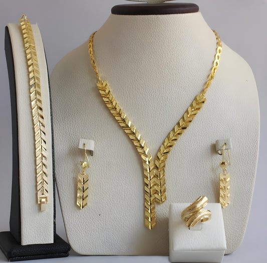 Gold-Plated V-Shape Jewelry Set – Arabic Necklace, Bracelet, Earrings & Ring