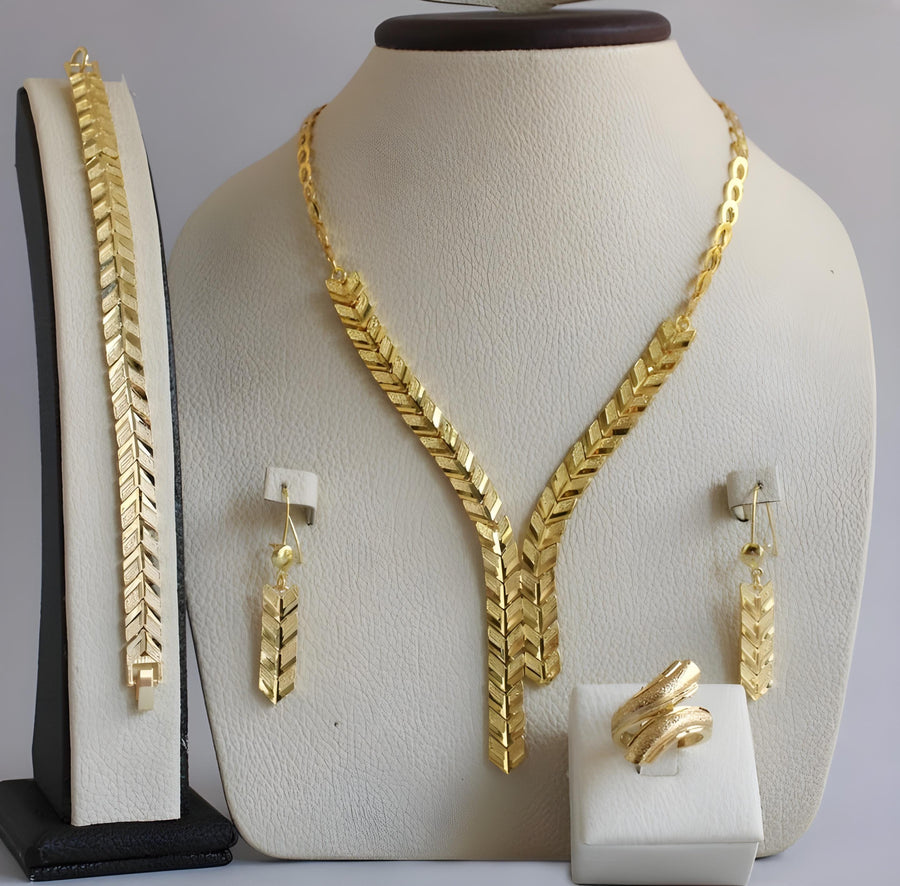 Gold-Plated V-Shape Jewelry Set – Arabic Necklace, Bracelet, Earrings & Ring