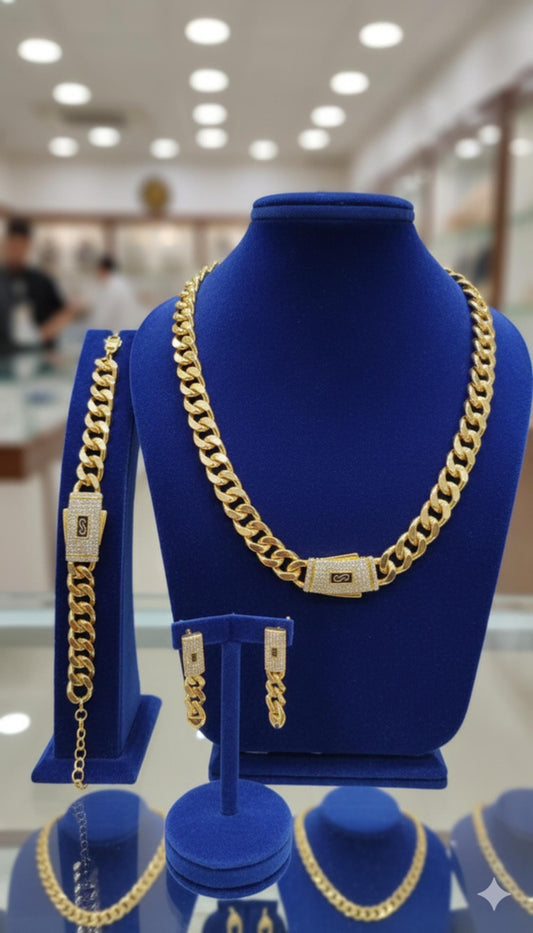 Luxury Gold Plated Monaco Cuban Chain Jewelry Set Statement Gift