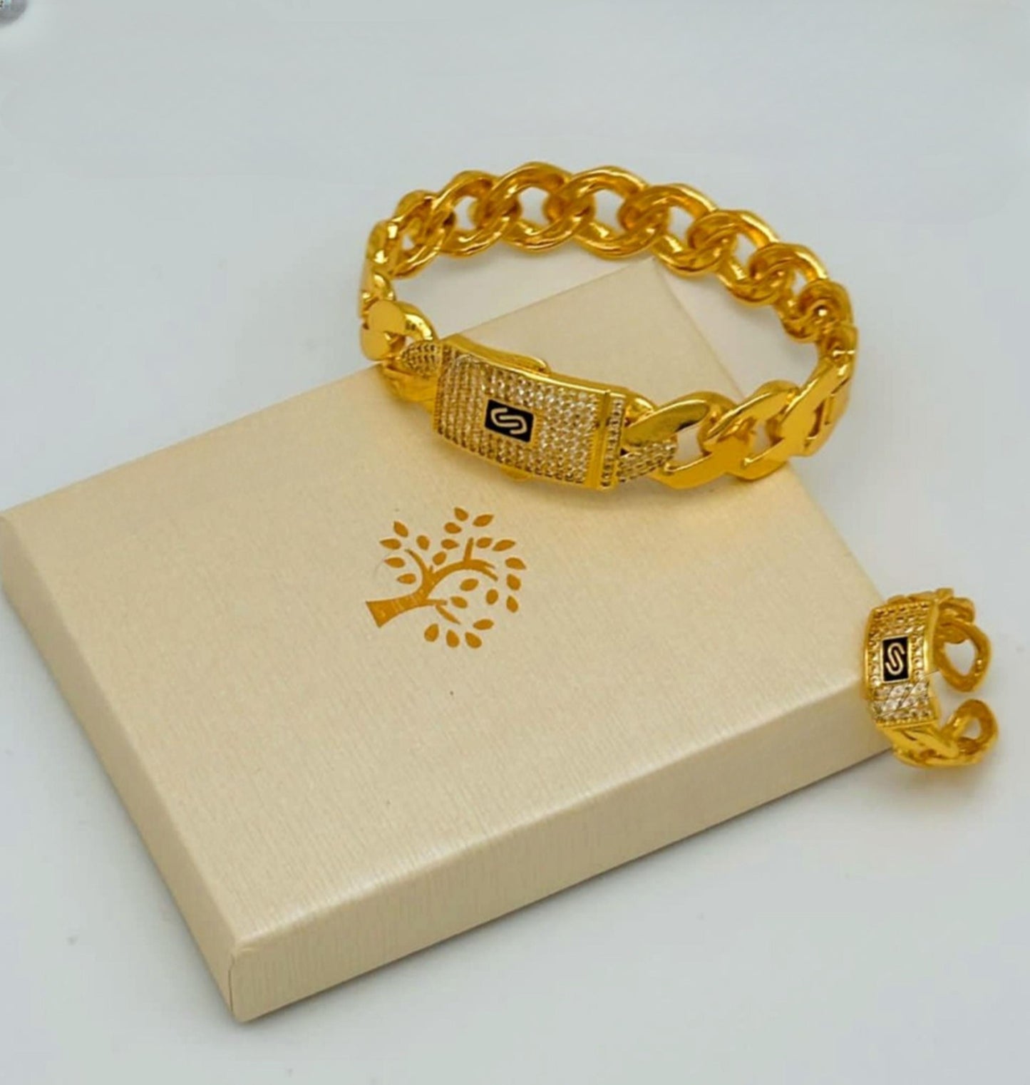 Gold-Plated Cuban Link Monaco Bracelet & Adjustable Ring Set – Sparkling Pave Stone Jewelry