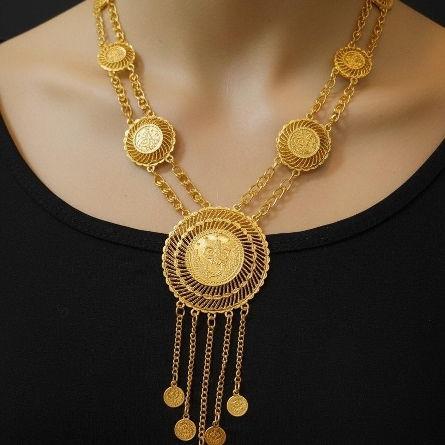 Luxury Gold Plated Ottoman Coin Statement Necklace