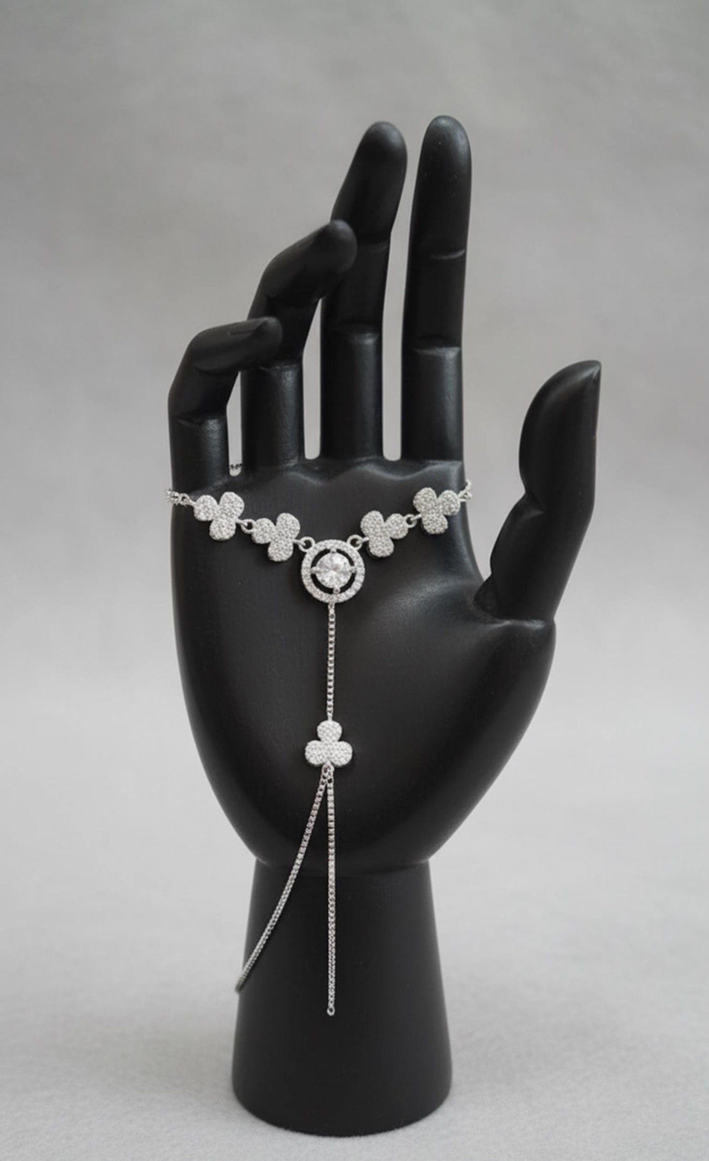 Elegant Silver Clover Hand Harness • Dainty Sparkling Crystal Slave Bracelet Ring