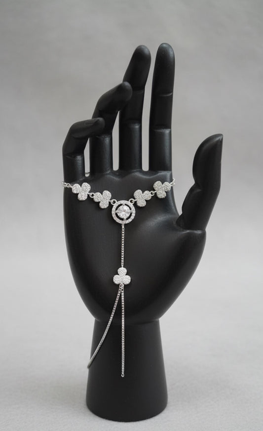 Elegant Silver Clover Hand Harness • Dainty Sparkling Crystal Slave Bracelet Ring