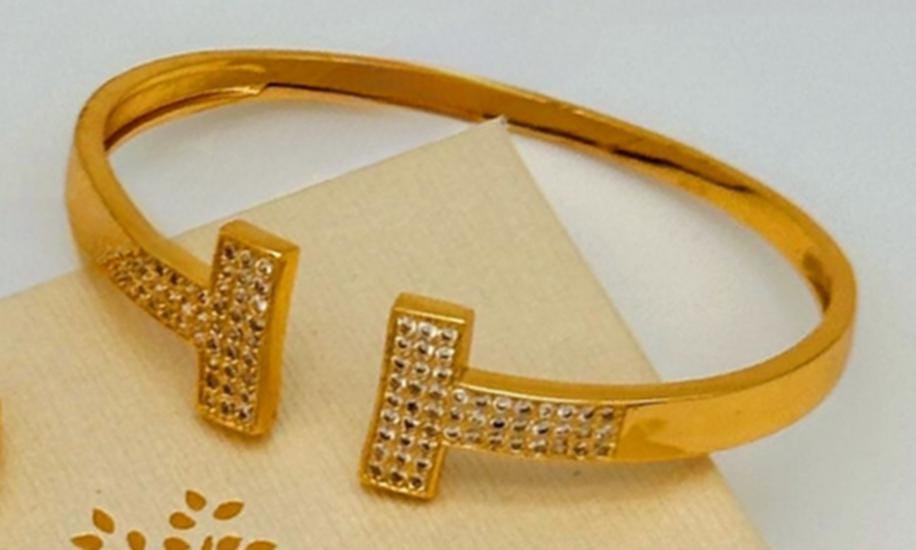 Gold-Plated Open Cuff Bracelet & Adjustable Ring Set – Pave Stone Jewelry for Women