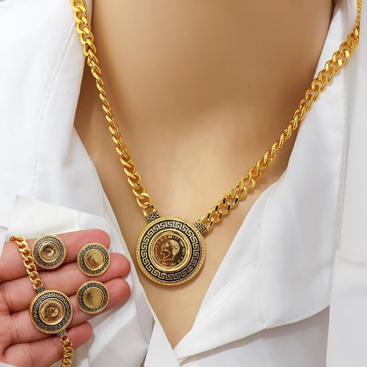 Gold-Plated Greek Coin Jewelry Set – Queen Cameo Necklace, Bracelet & Earrings