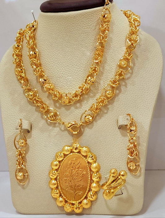 Gold-Plated Arabic Bridal Jewelry Set – 4-Piece Wedding Necklace, Earrings, Bracelet & Ring